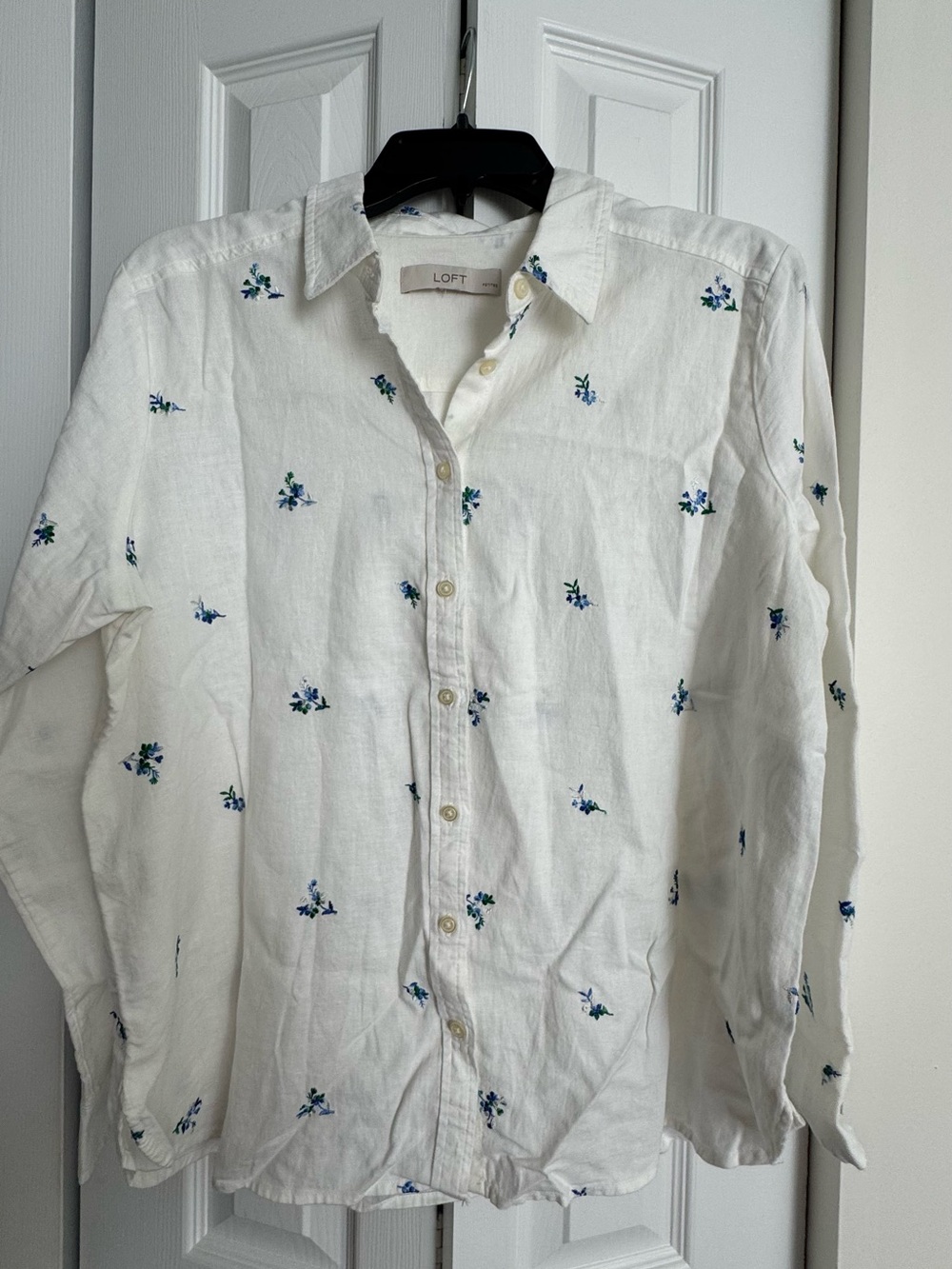 LOFT White Button-Down Shirt with Blue Floral Print